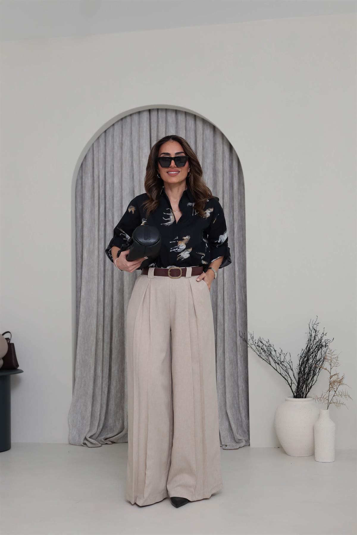 2569 Arka Bel Lastikli Kemerli Palazzo Pantolon BEJ