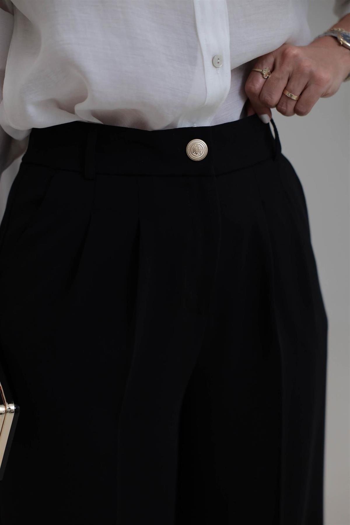 4386S Gold Düğmeli Palazzo Pantolon SİYAH