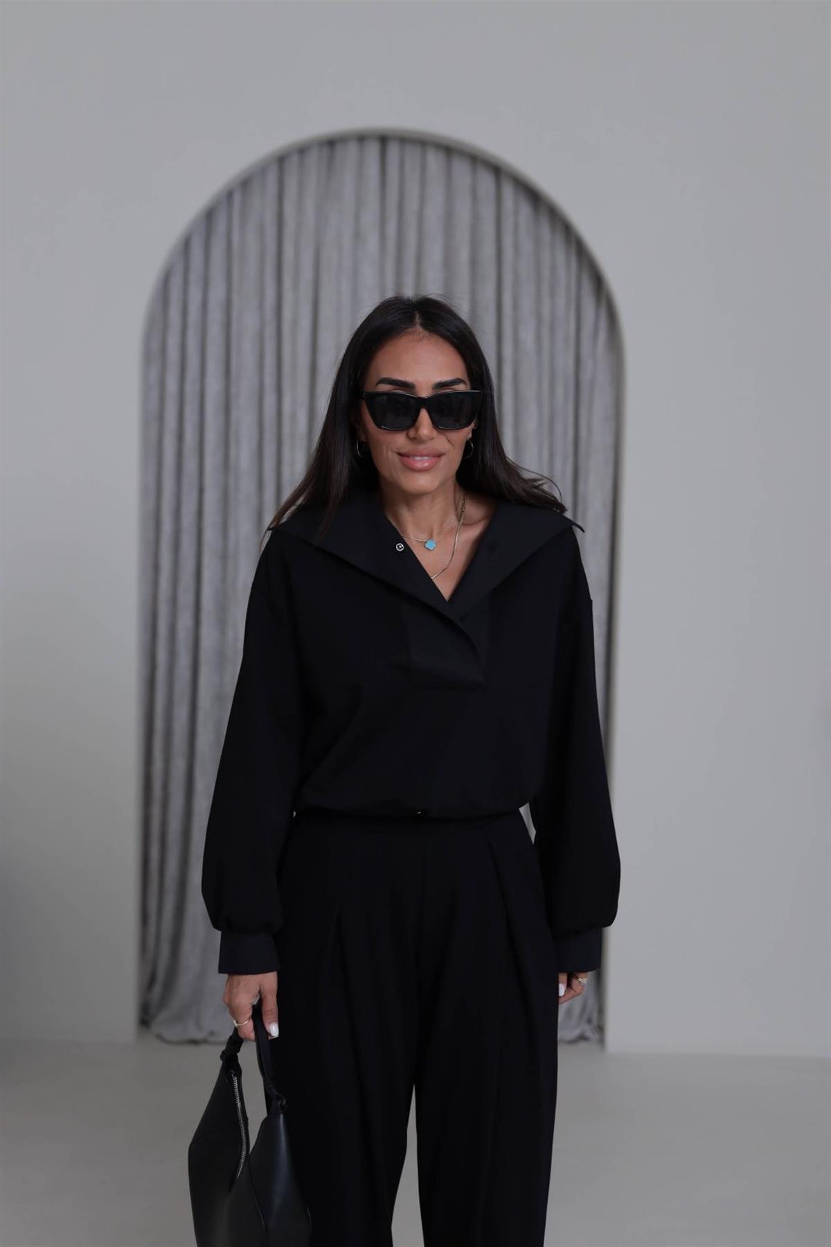 6720 Poplin Yaka Altı Lastikli Sweatshirt SİYAH