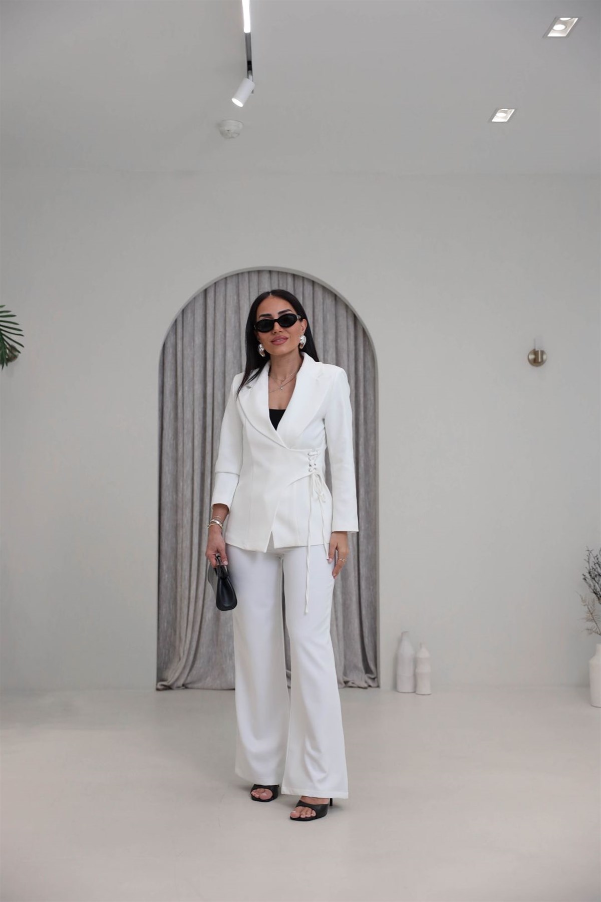 9295 Yandan Kuşgözü Bağlama Detaylı Ceket Pantolon Takım BEYAZ