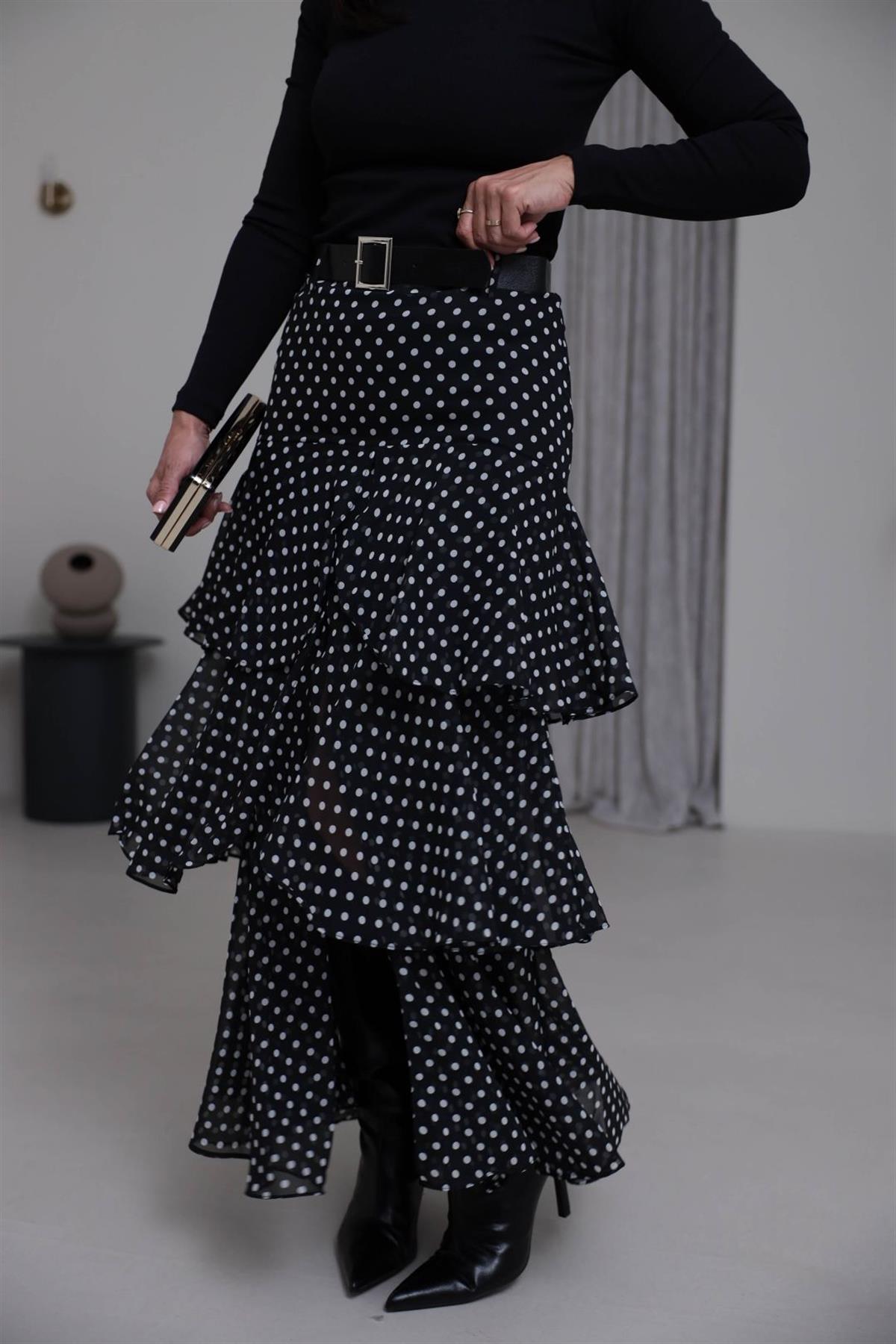 7218 Puantiyeli Kemerli Yırtmaçlı Şifon Etek SİYAH