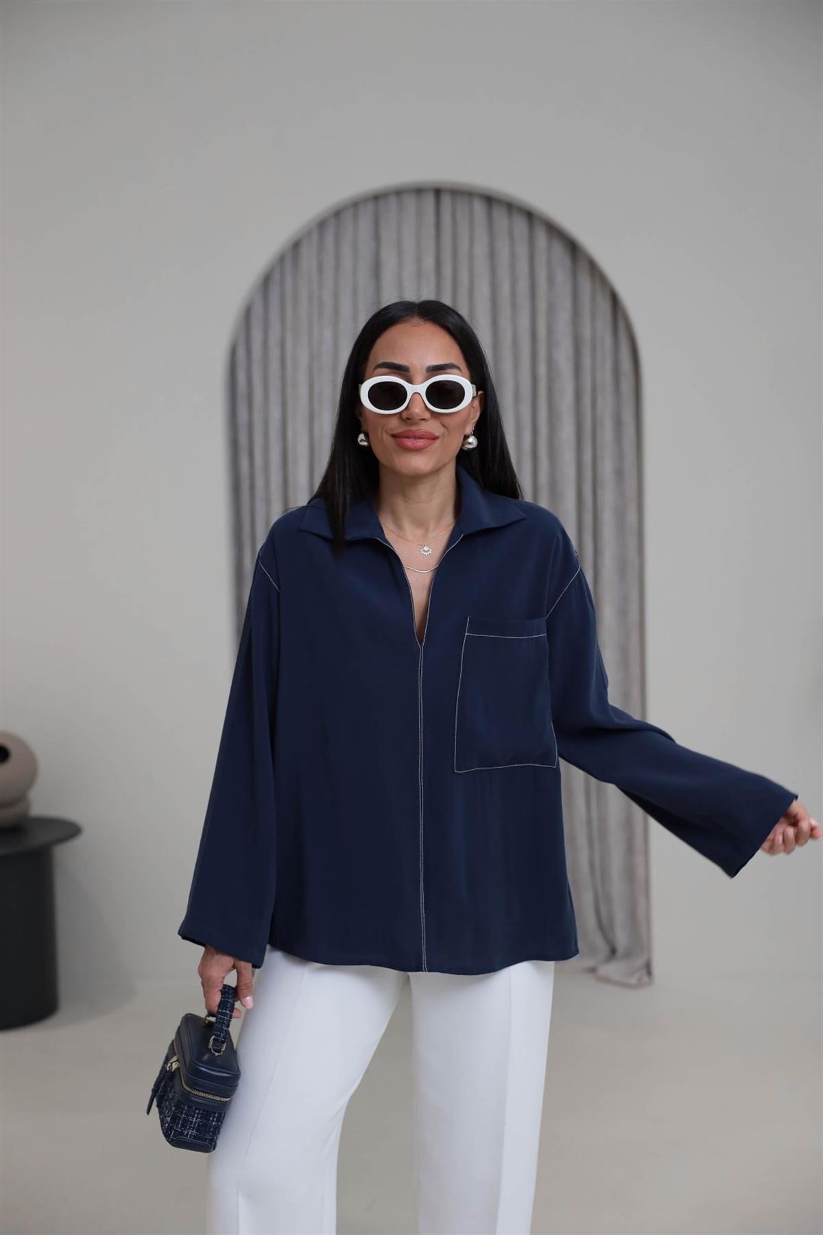 0723 Zincir Dikişli Cep Detay Tencel Gömlek Indigo