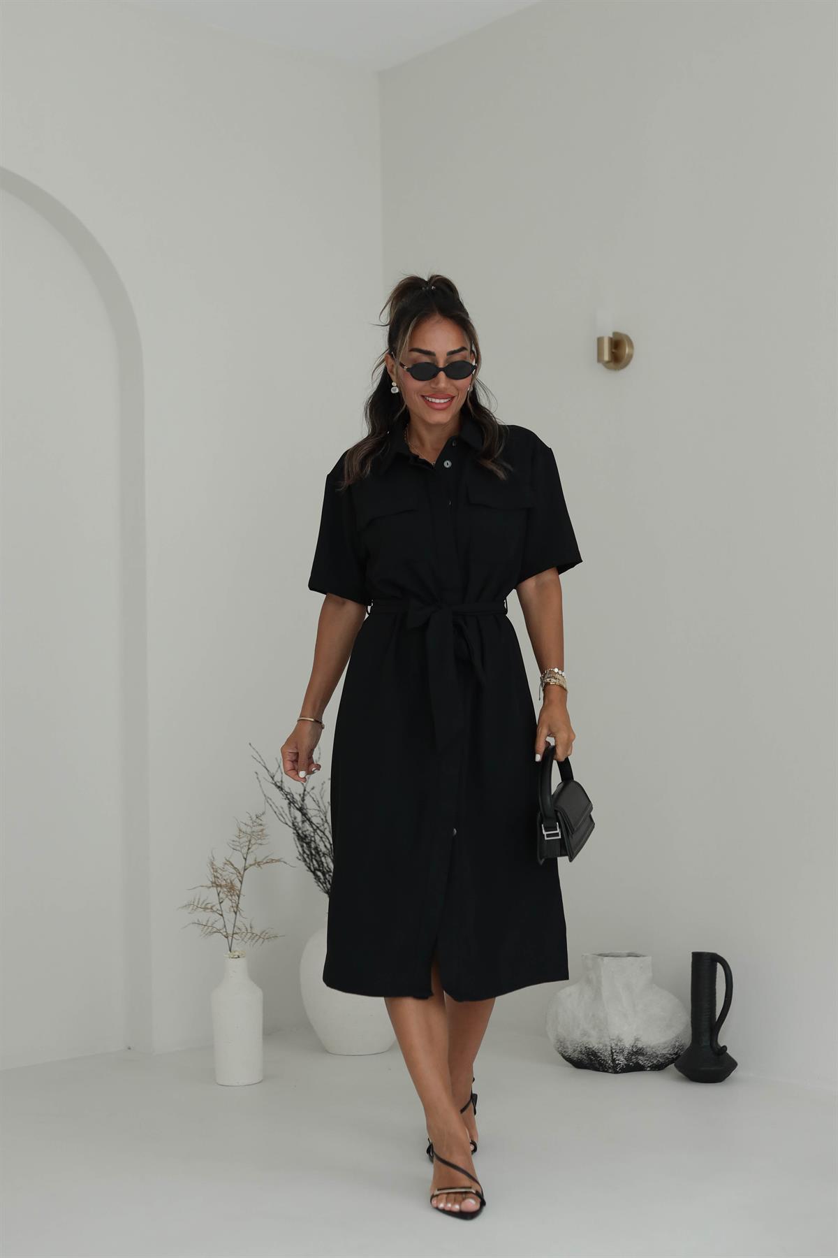 Önden Düğmeli Kuşaklı Gömlek Elbise