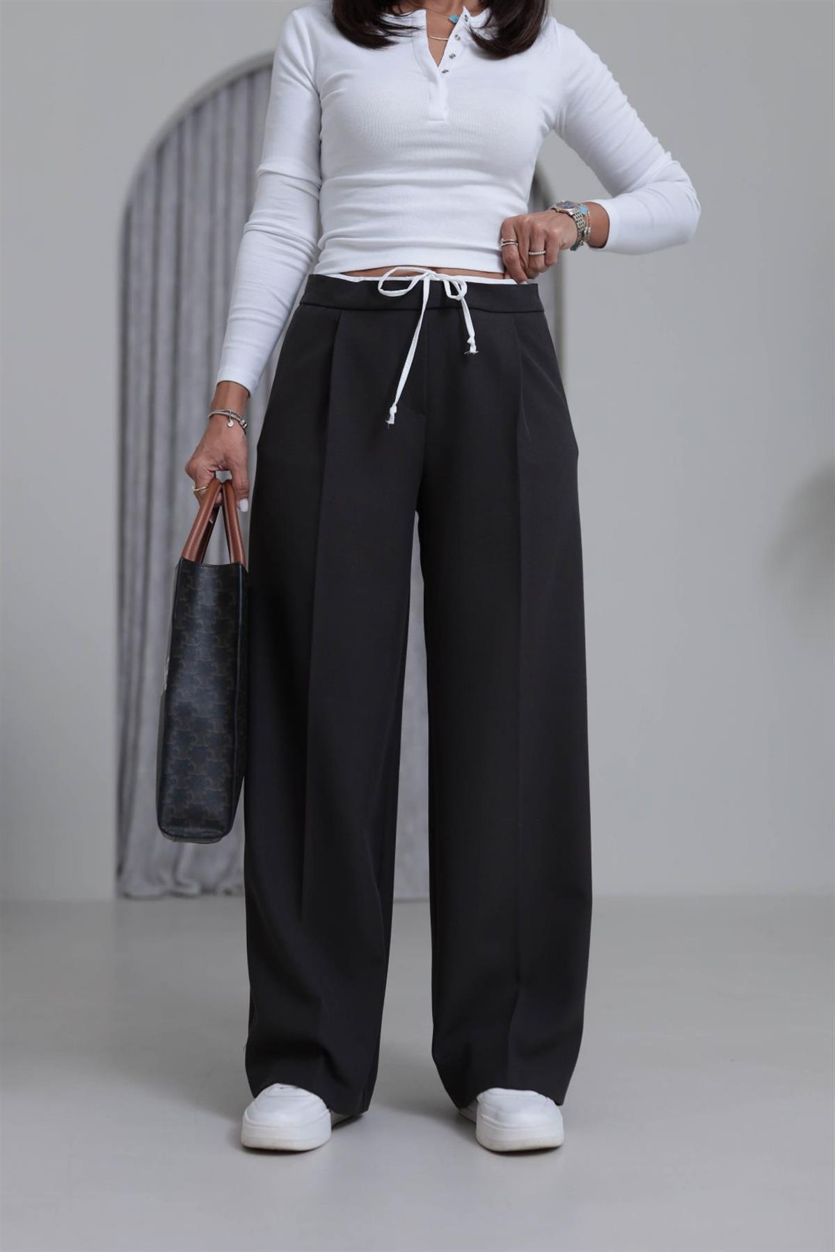 5179 Bel Detaylı Bağcıklı Kumaş Pantolon KAHVE