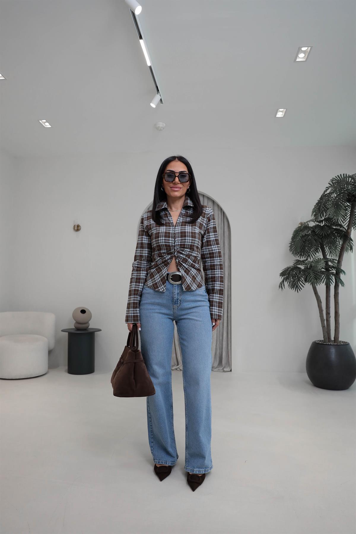 1071 Yüksek Bel Dökümlü Palazzo Jean ORTA MAVİ