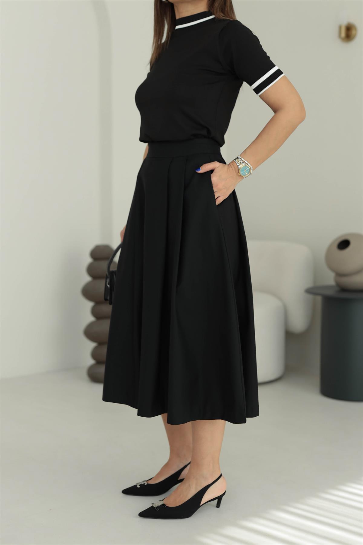 5152K Kloş Midi Etek SİYAH