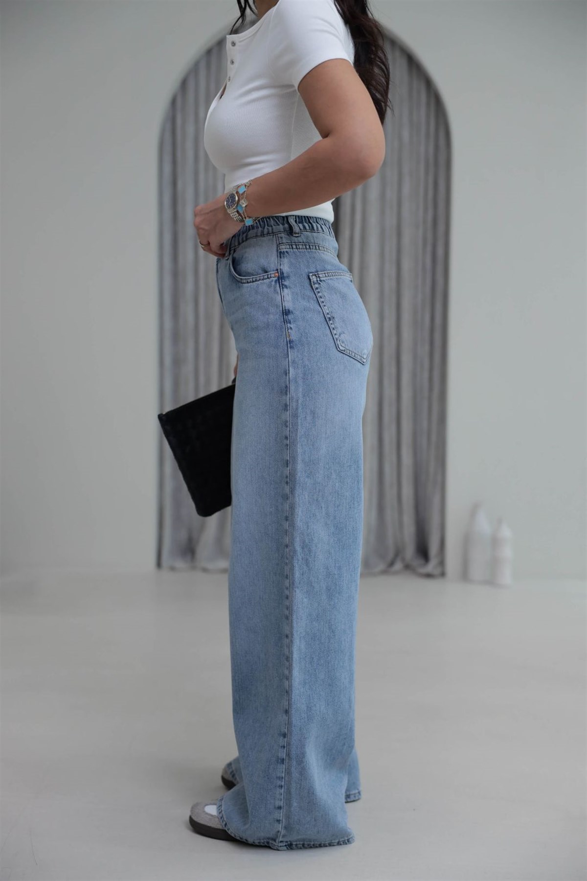 6716 Wide Loose Bel Lastikli Tencel Kumaş Jean AÇIK MAVİ