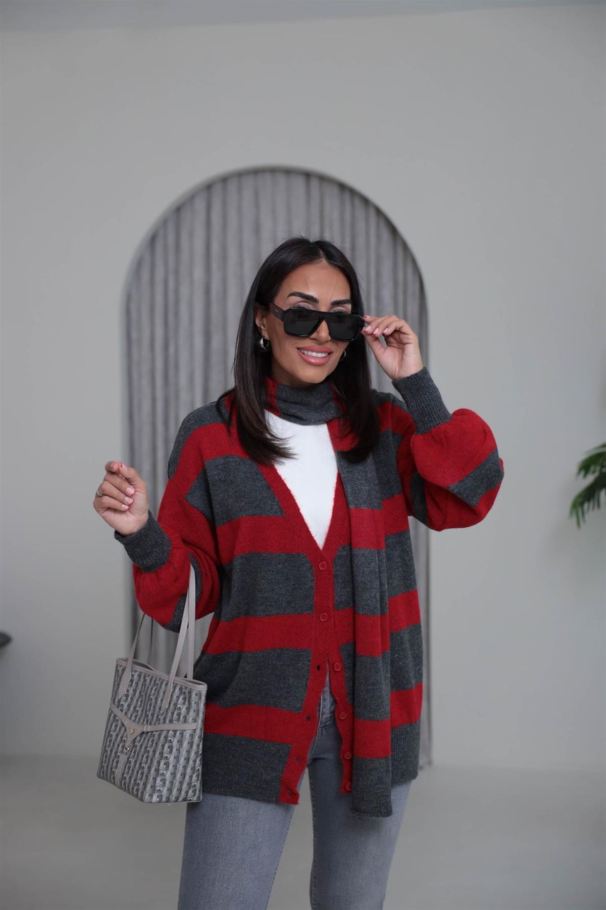 2569 V Yaka Düğmeli Şallı Triko Hırka ANTRASİT