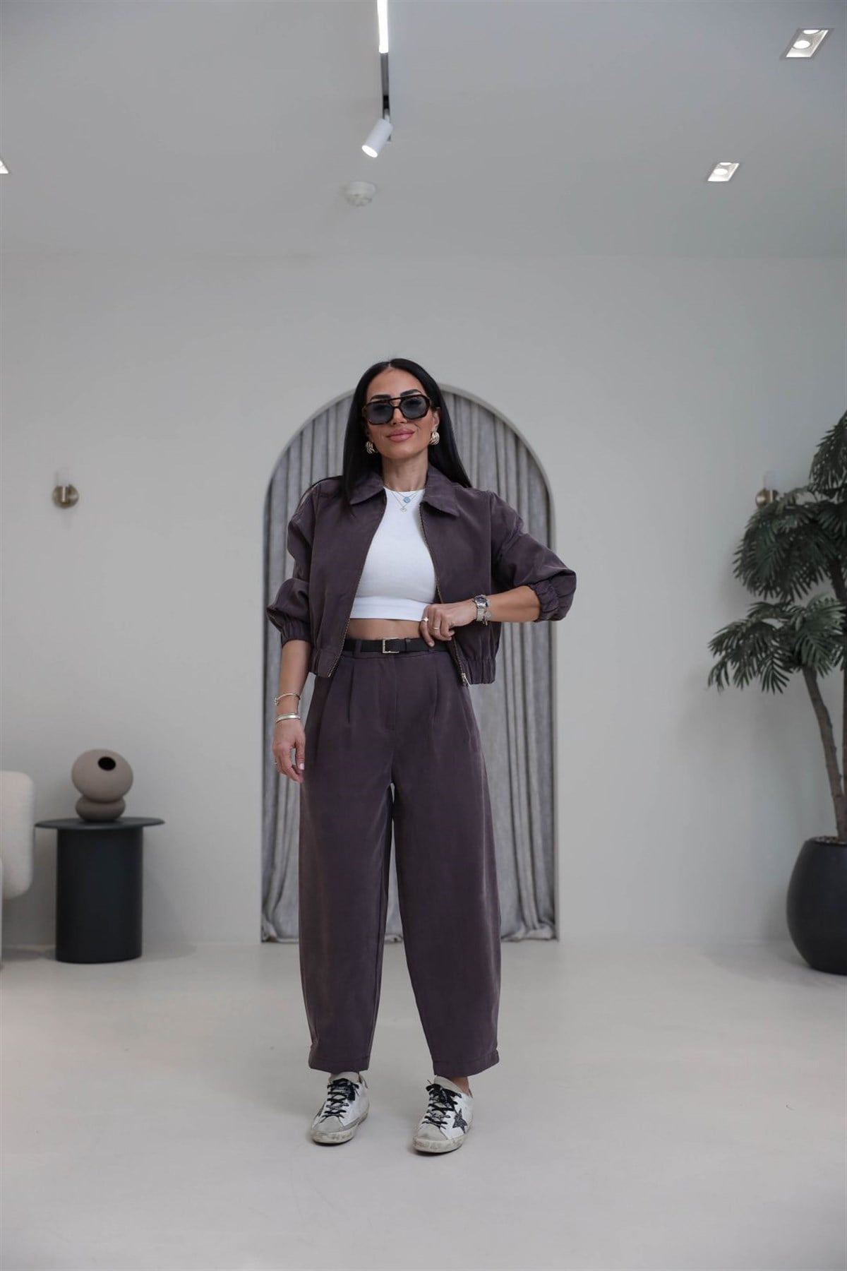 0735 Polo Yaka Bomber Ceketli Tencel Takım KAHVE