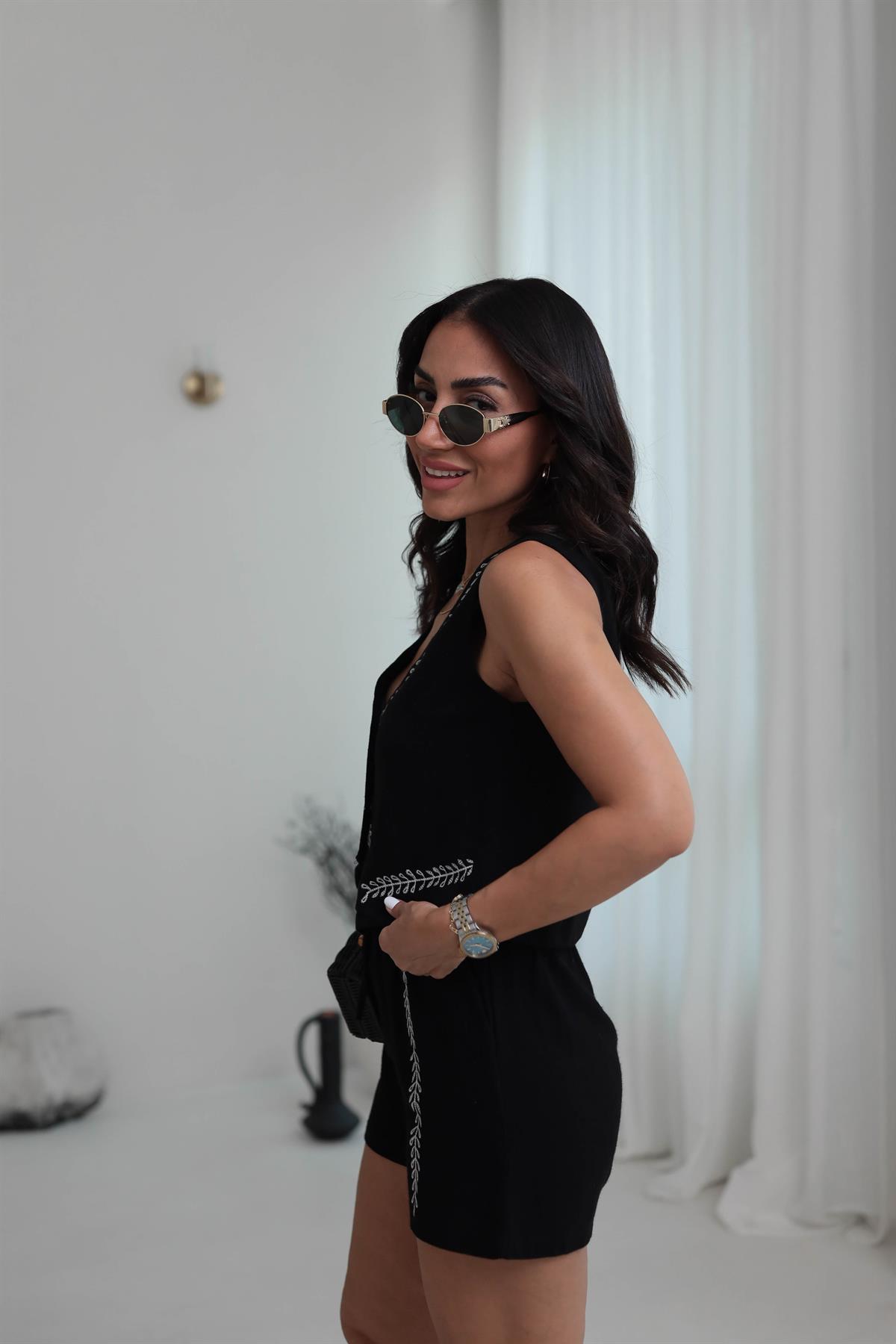 8837 İşleme Detaylı Tencel Keten Yelek & Şort Takım SİYAH