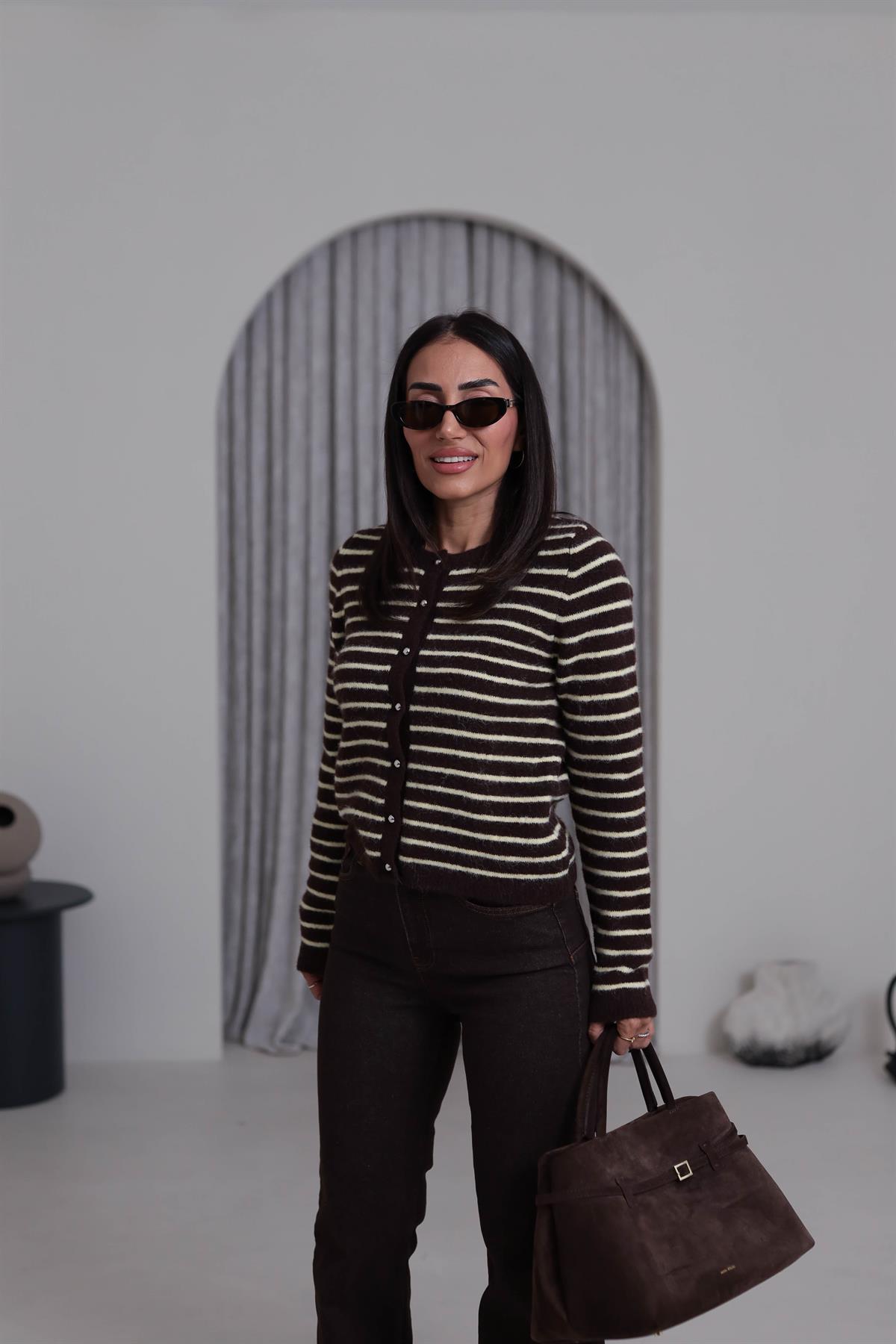 4870 Çizgili Şardonlu Bisiklet Yaka Hırka KAHVE