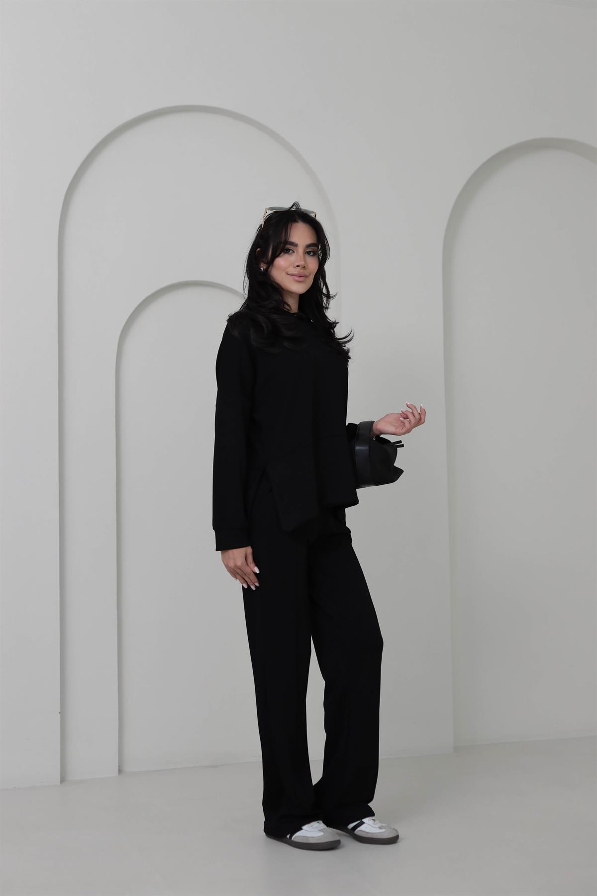 2130 Kapşonlu Uzun Kol Modal Penye Takım SİYAH