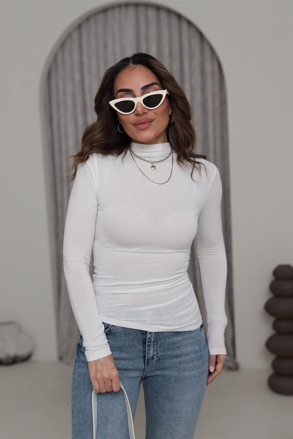 1004 Viral Dik Yaka Yarı Transparan Bluz EKRU