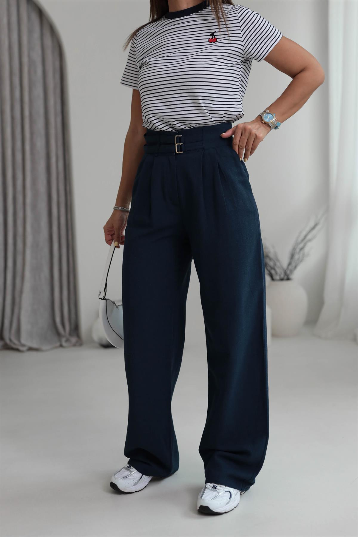 0236 Kemer Aksesuarlı Premium Keten Pantolon LACİVERT