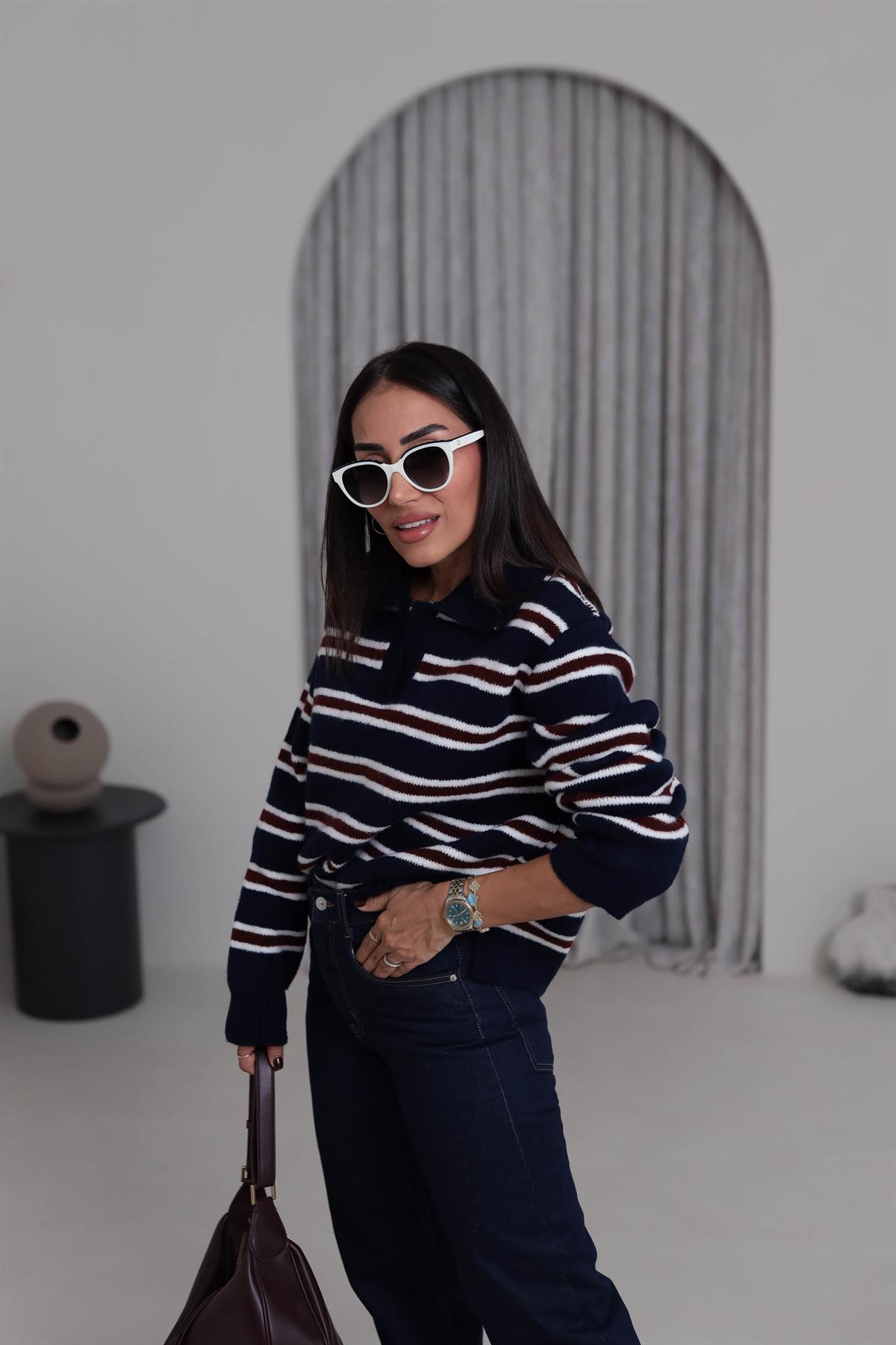 2541 Polo Yaka Çizgili Triko Kazak LACİVERT