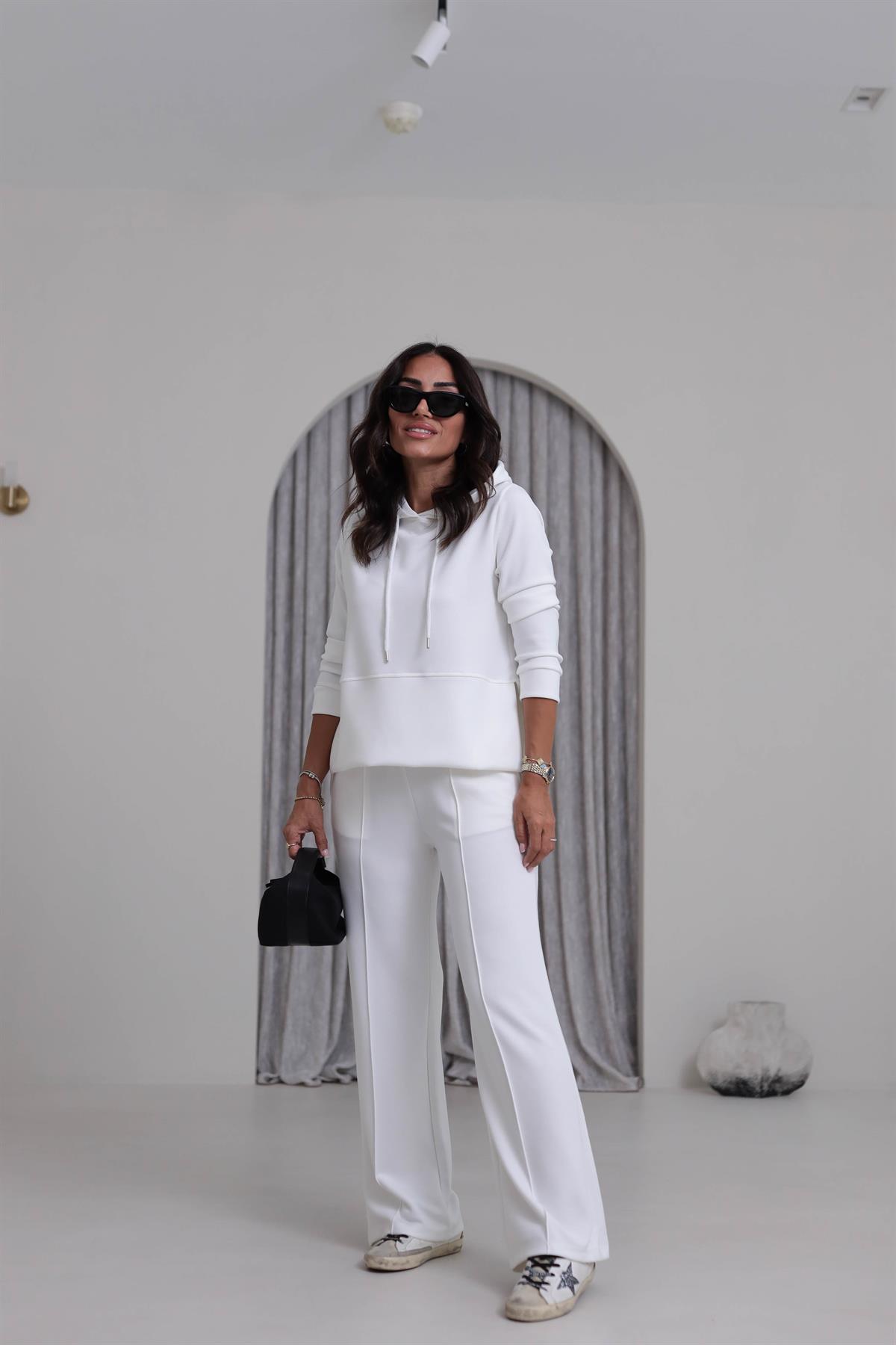 7327 Kapşonlu Yırtmaçlı Çimalı Modal Takım BEYAZ