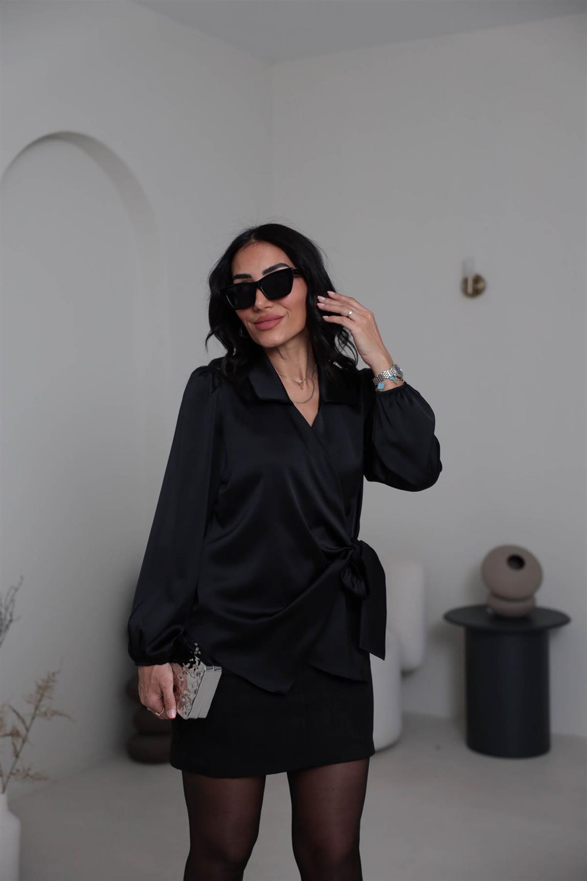 K0132 Kruvaze Yaka İpek Saten Gömlek Bluz SİYAH