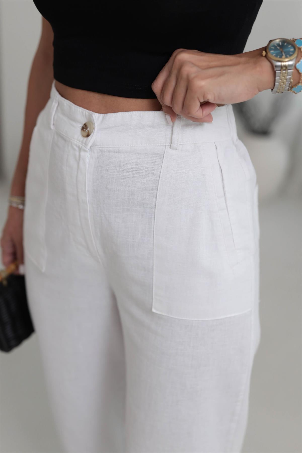 1711 Paçası Pensli Yan Cepli Keten Pantolon BEYAZ