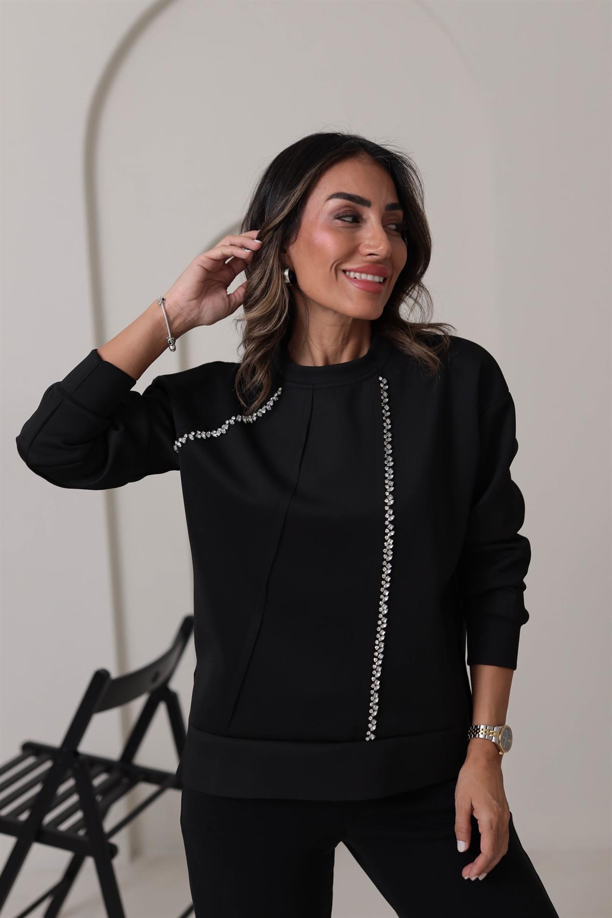 5368 Taş İşlemeli Scuba Kumaş Sweatshirt