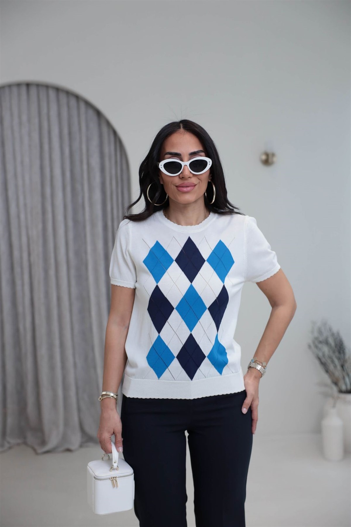 0617 Baklava Desenli Rayon Triko Bluz KREM