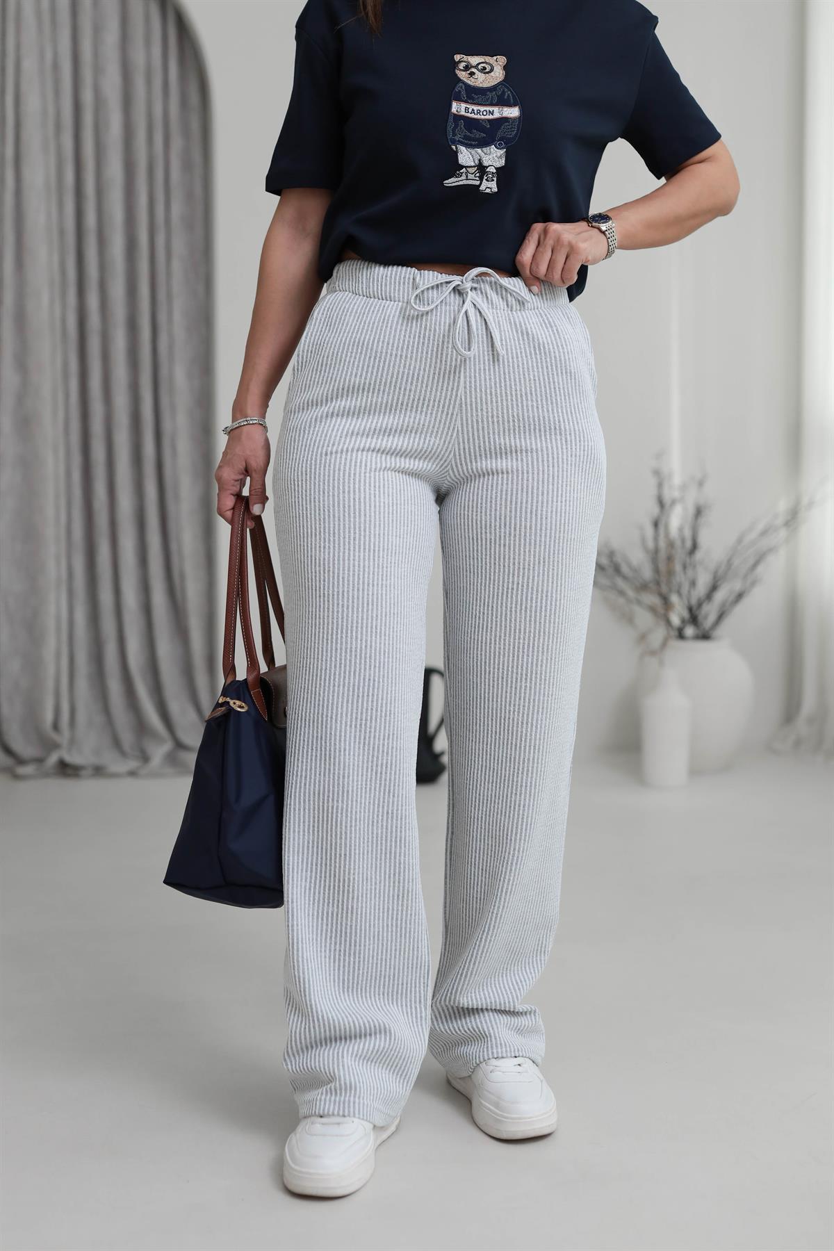 0146 Çizgili Rahat Pantolon GRİ