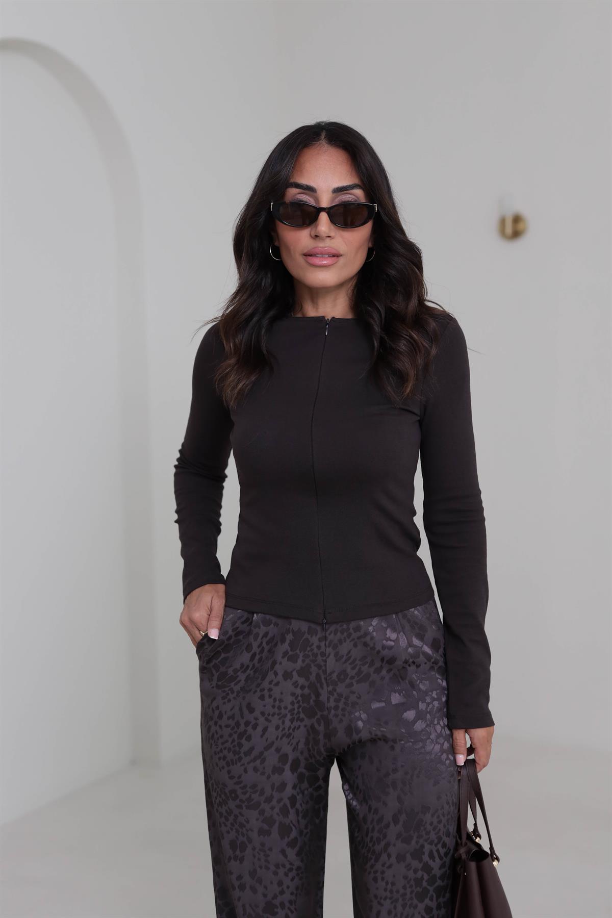 1993 Fermuar Detaylı Uzun Kollu Bluz ACI KAHVE