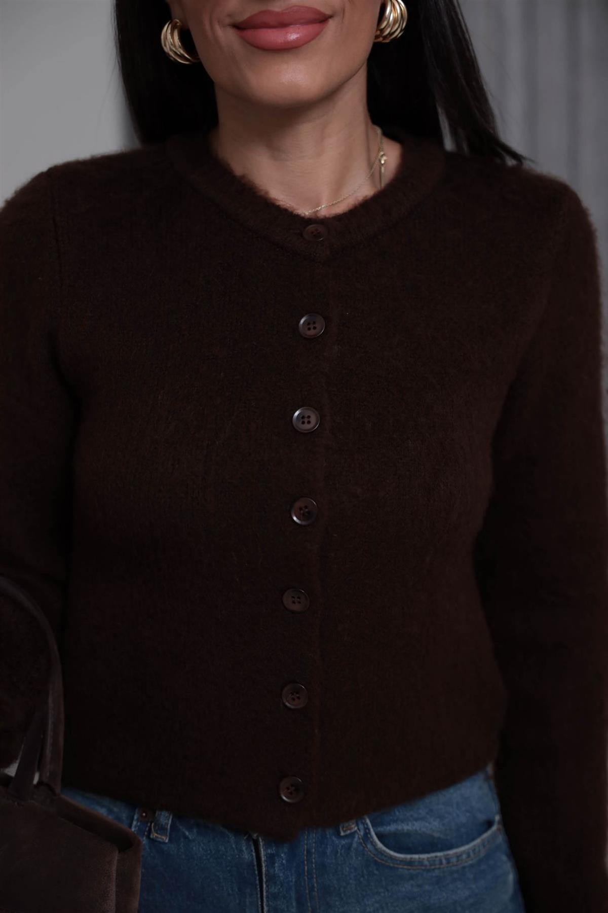 0157 Bisiklet Yaka Düğmeli Yumoş Hırka ACI KAHVE