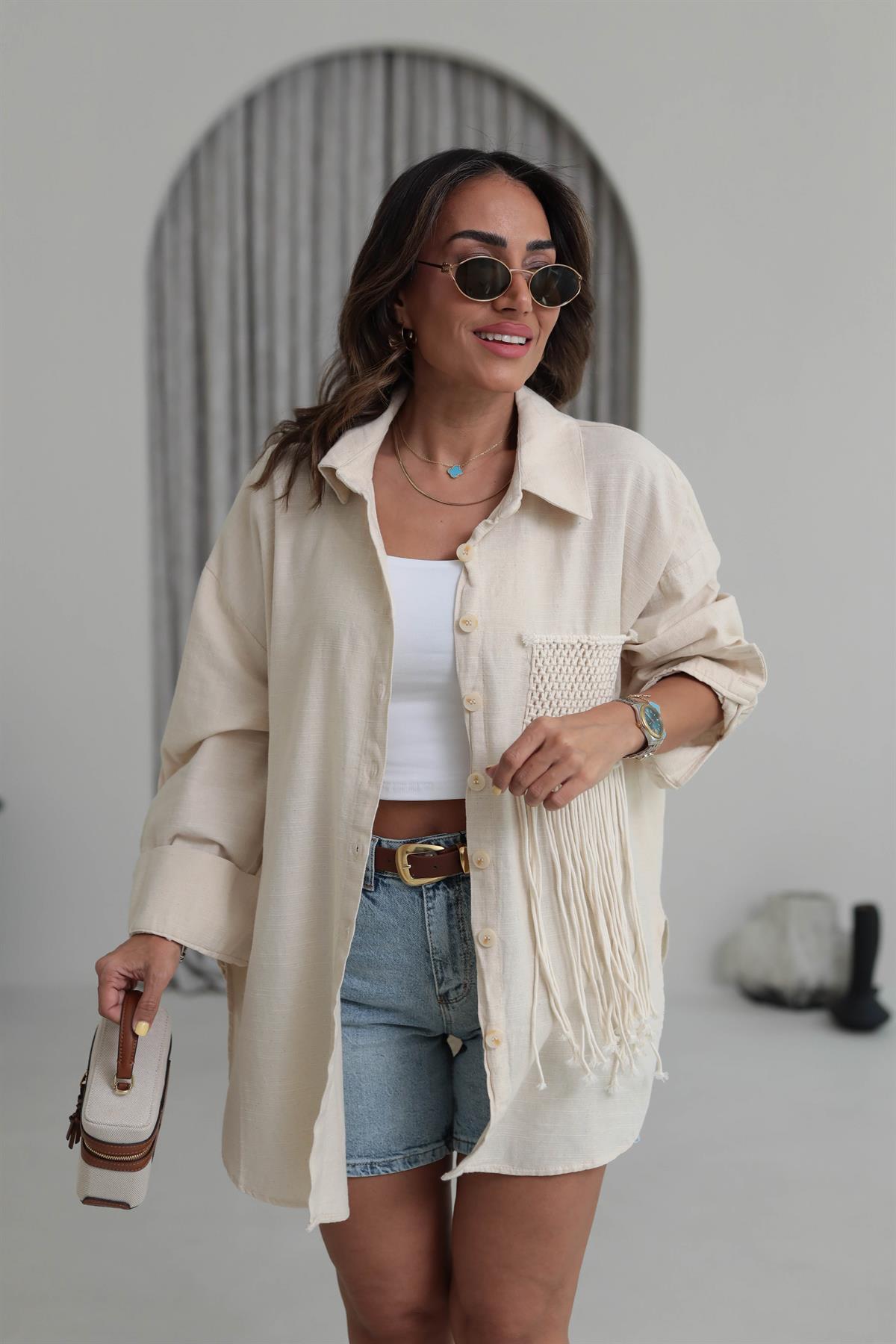 4763 Püskül Dokuma Detay Keten Gömlek TAŞ