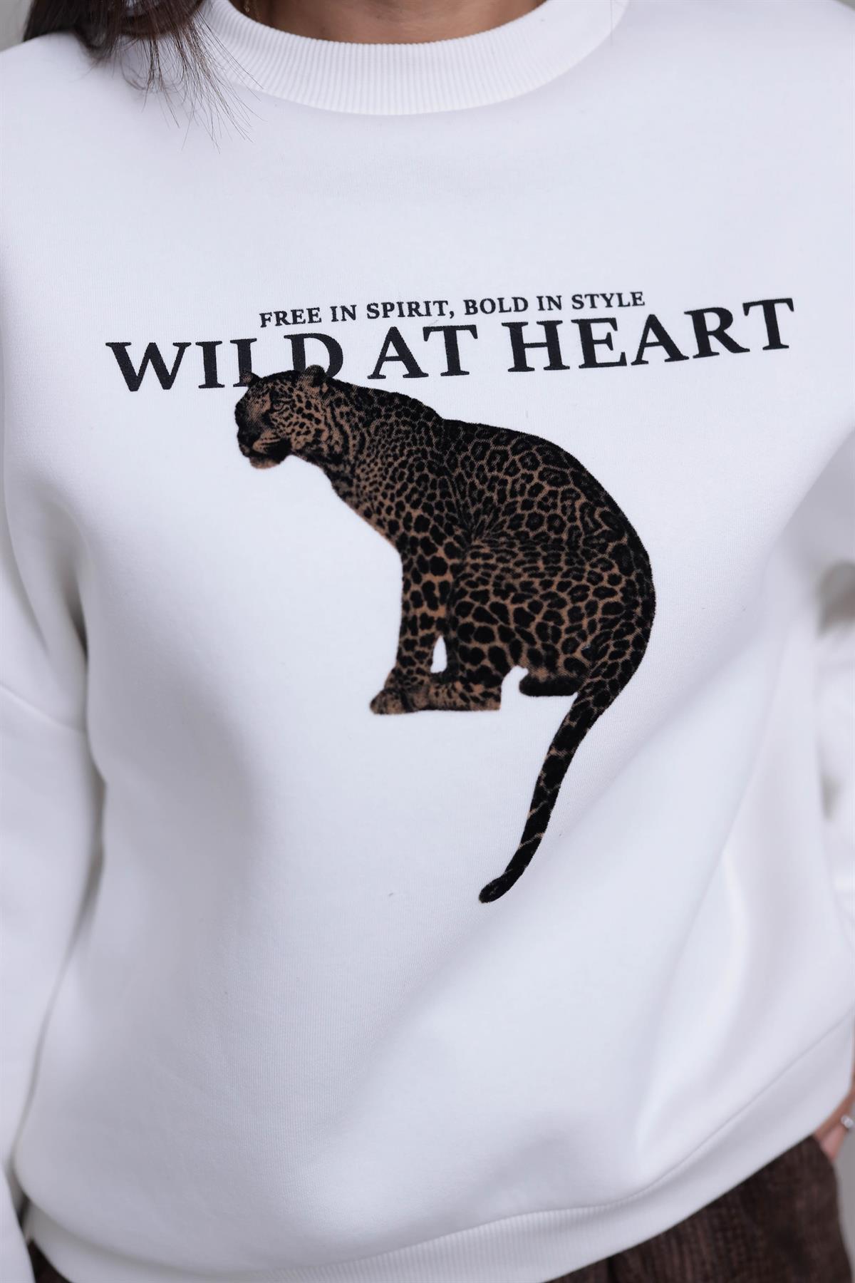 1074 Leopar Flok Baskılı Şardonlu Sweatshirt EKRU