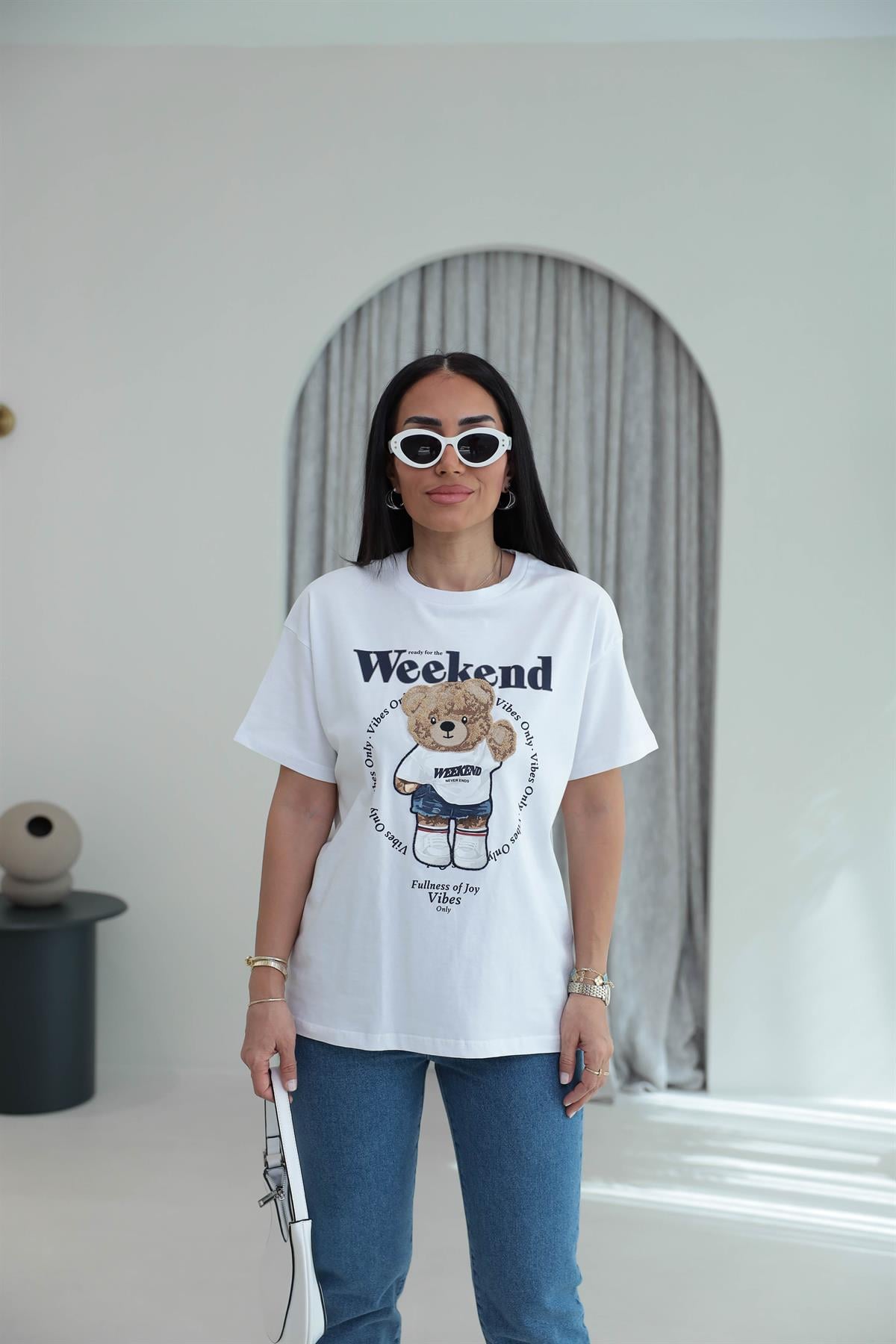 7514 Bisiklet Yaka Teddy Aplikeli Tshirt BEYAZ