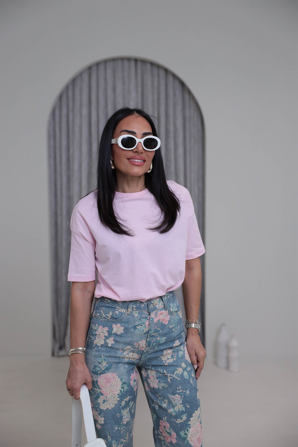 3683Y Bisiklet Yaka Pamuklu Basic Tshirt PEMBE