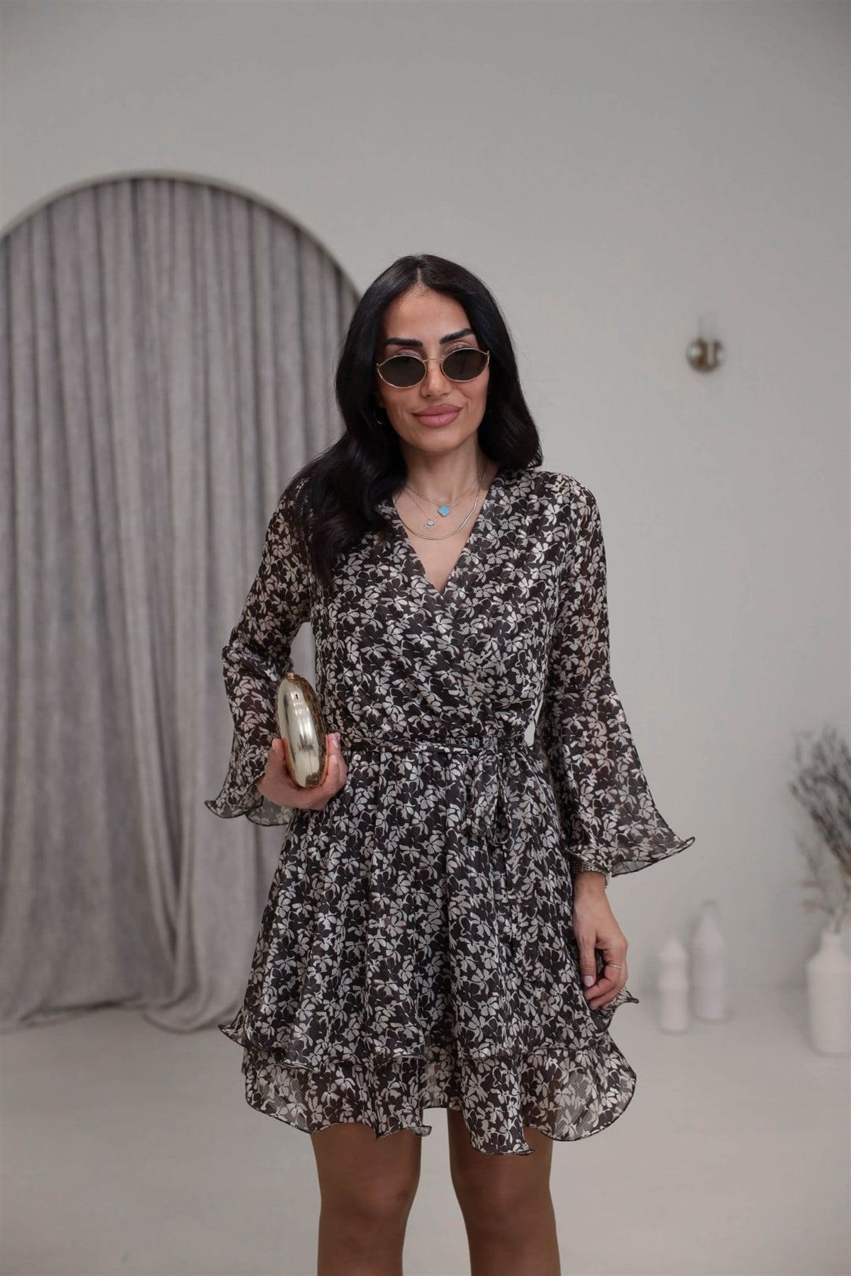 9279 Kruvaze Çiçekli Elbise KAHVE