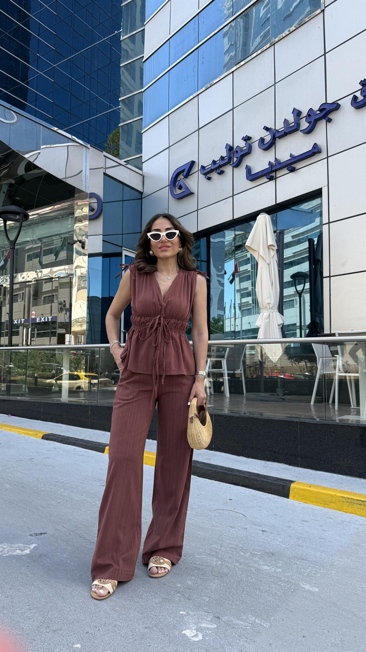 DXB Büzgü Detaylı Bel Lastikli Keten Takım KİREMİT