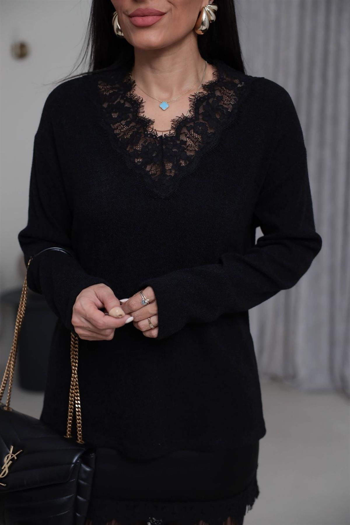 7296 V Yaka Dantelli Triko Kazak SİYAH