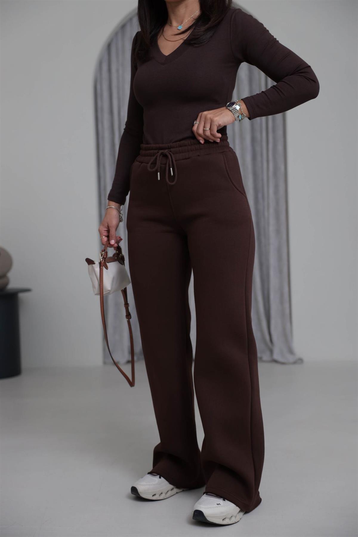 0015 Palazzo 3 İplik Şardonlu Eşofman Altı ACI KAHVE