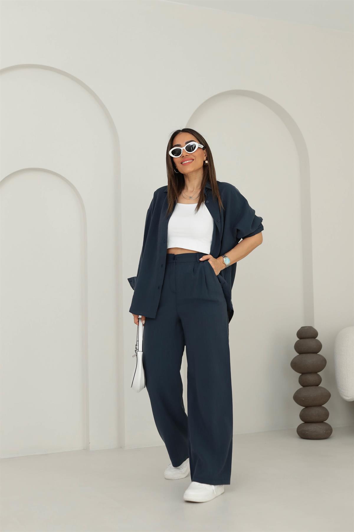 8557 Tencel Kumaş Gömlekli Takım LACİVERT