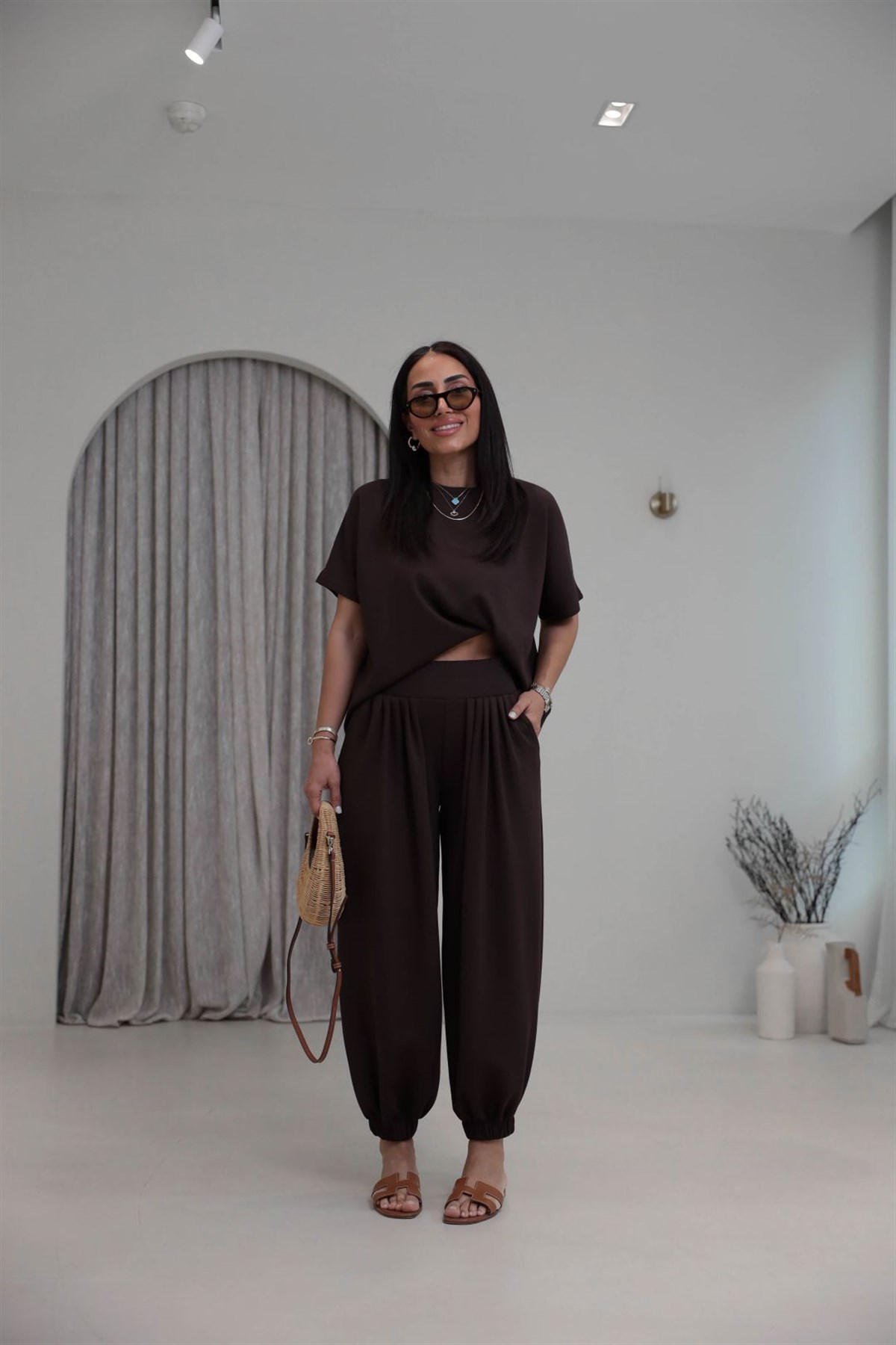 1941 Modal Kumaş Tshirt ve Şalvar Pantolon Takım KAHVE