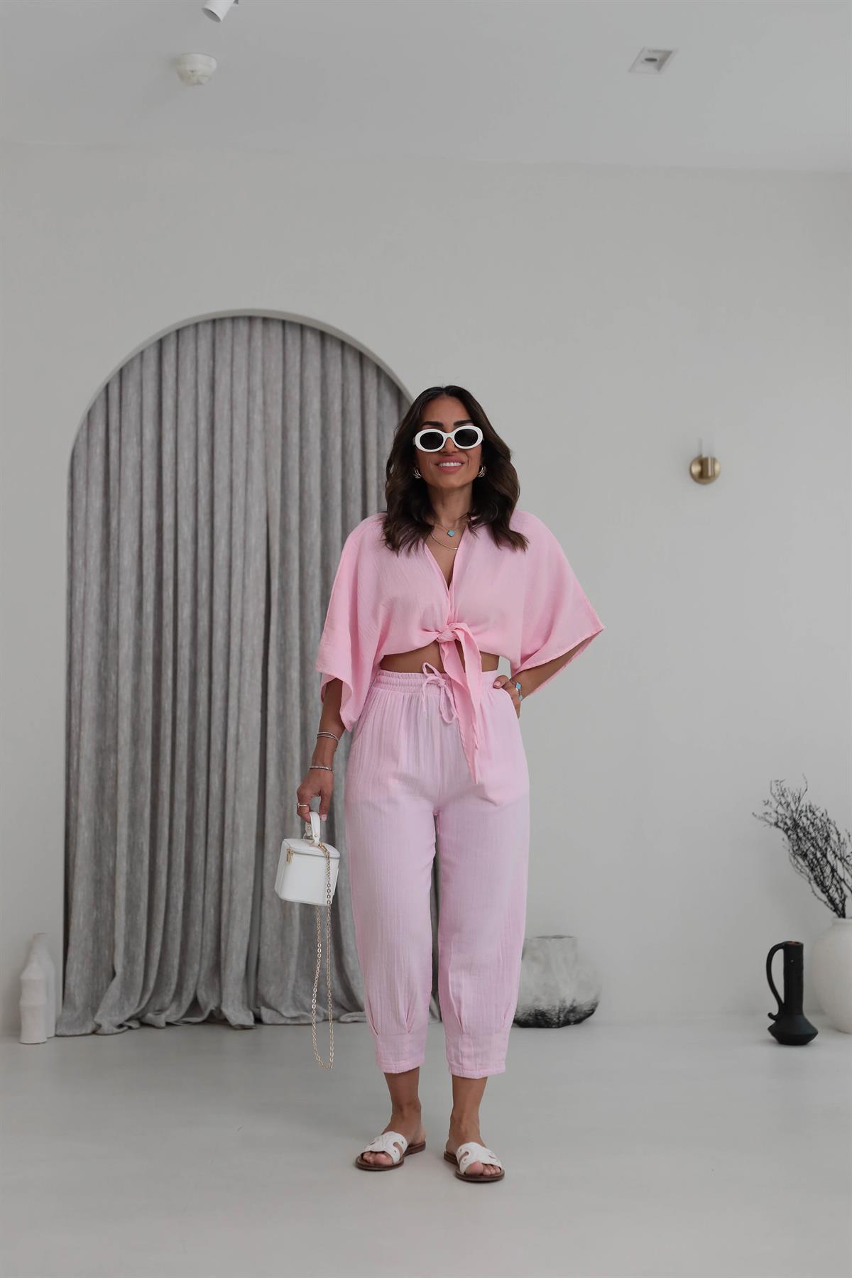 4729 Müslin Kumaş Bağlama Detay Bluz PEMBE