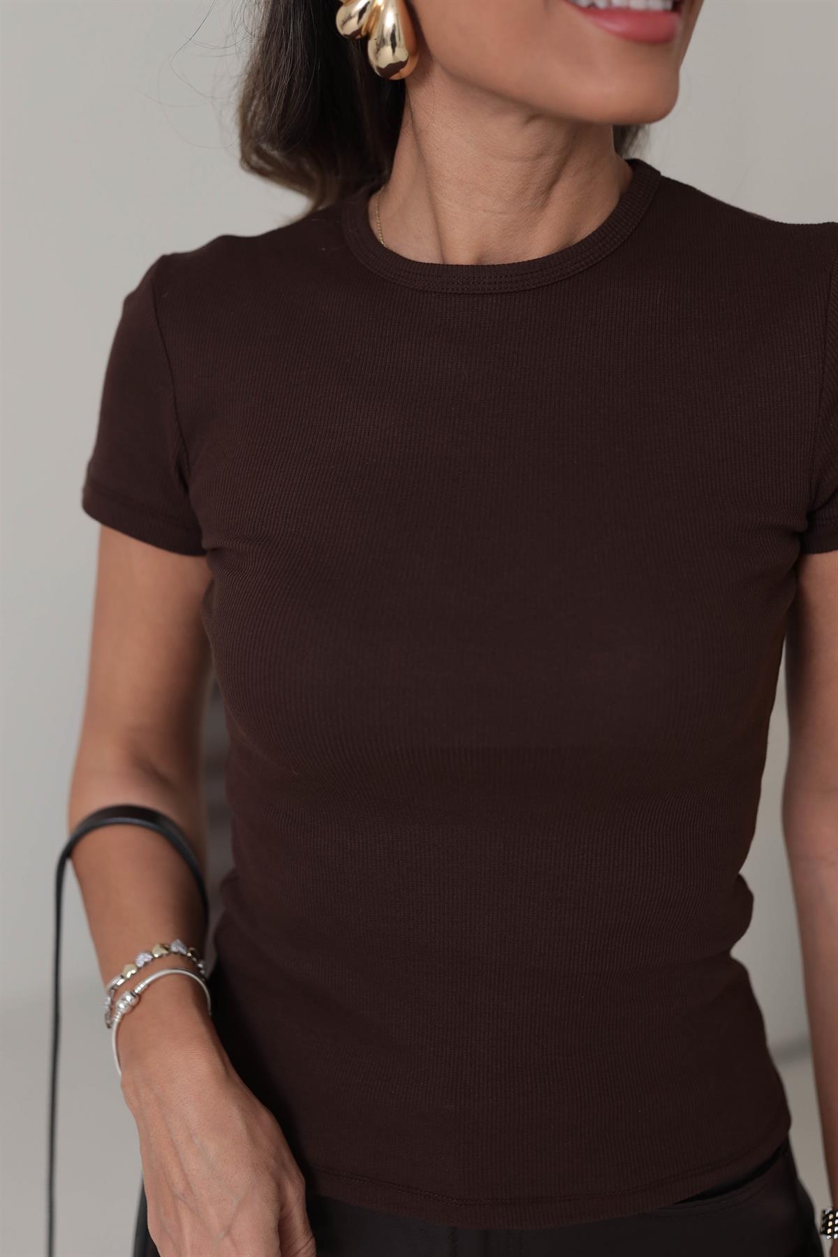 4103 Bisiklet Yaka Kaşkorse Tshirt ACI KAHVE