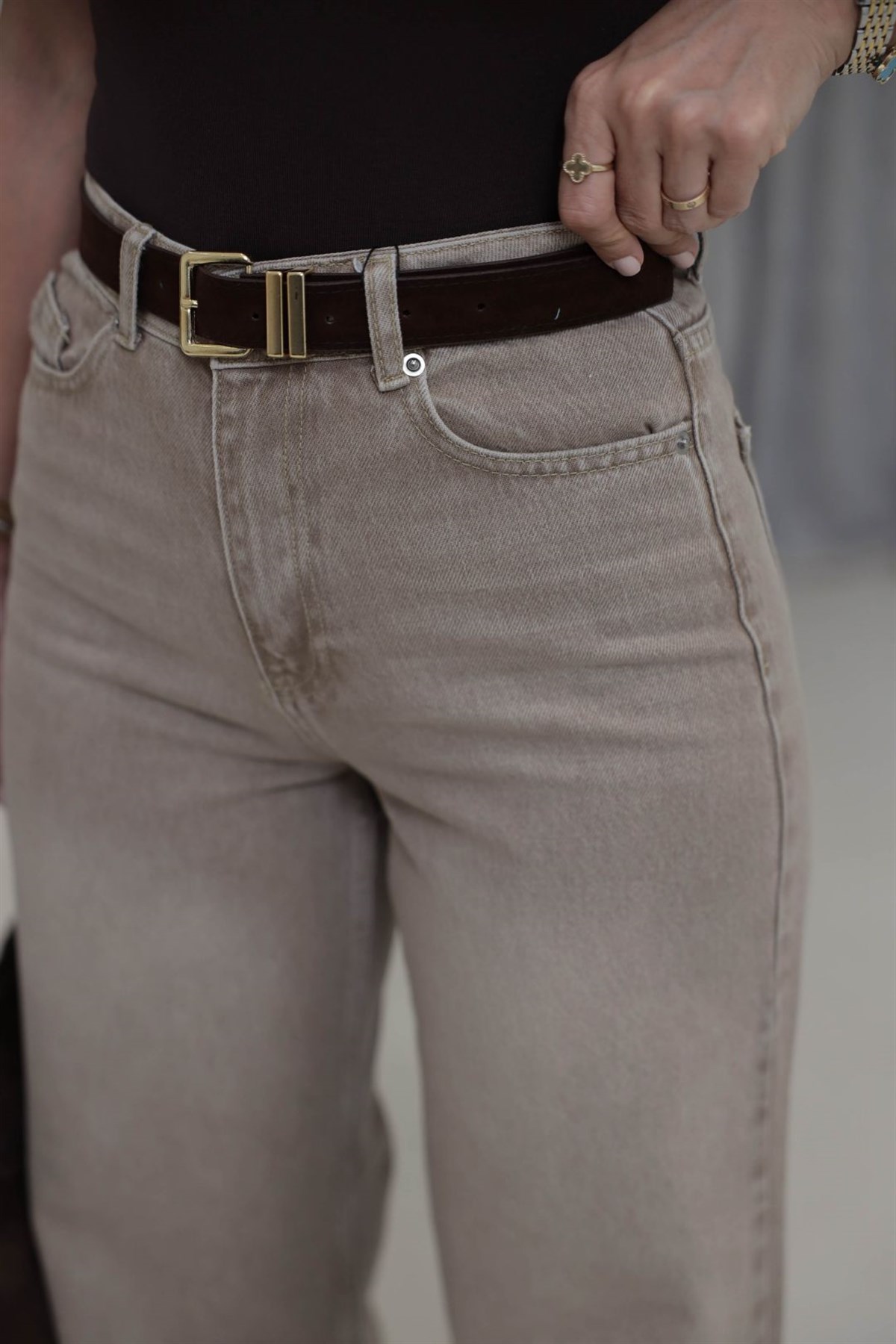 1021 Süet Kemerli Bol Kalıp Pantolon BEJ