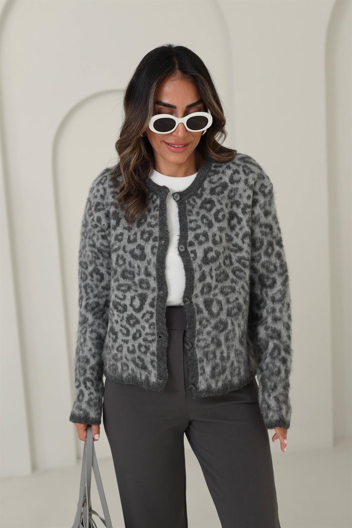 0108 Leopar Desen Şardonlu Massi Hırka Ceket ANTRASİT