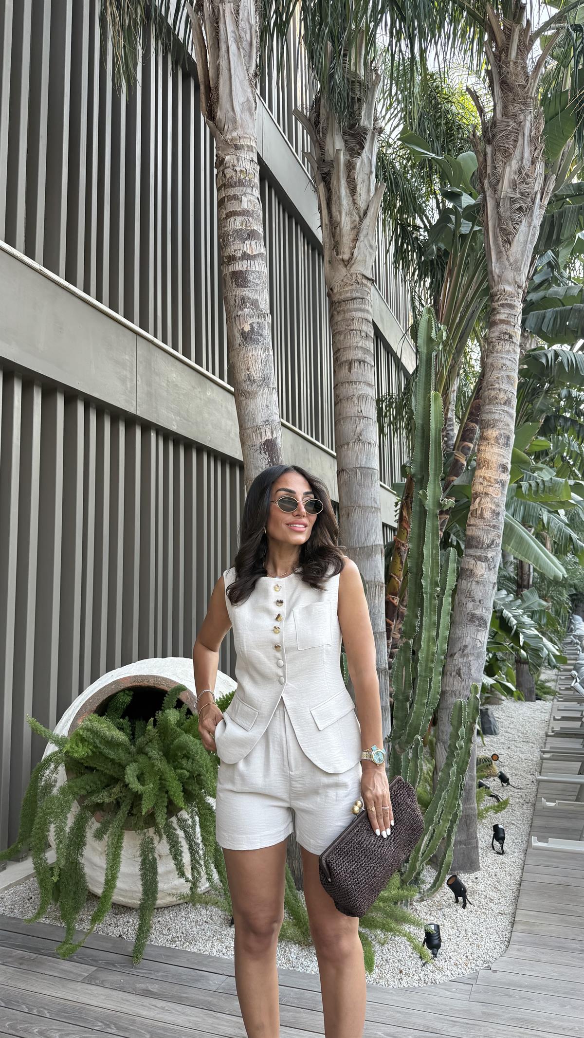 0284 Düğme Detaylı Dokuma Yelek & Şort Takım NATURAL