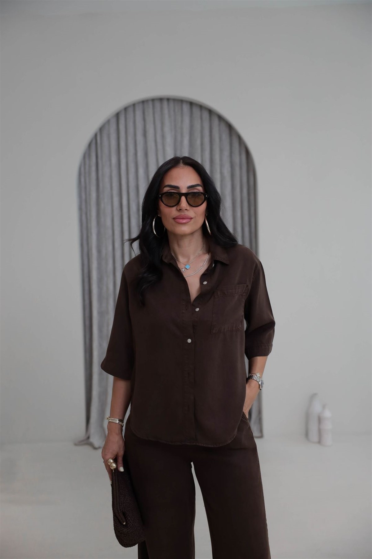 3444  Soft Tencel Kumaş Oversize Takım KAHVE