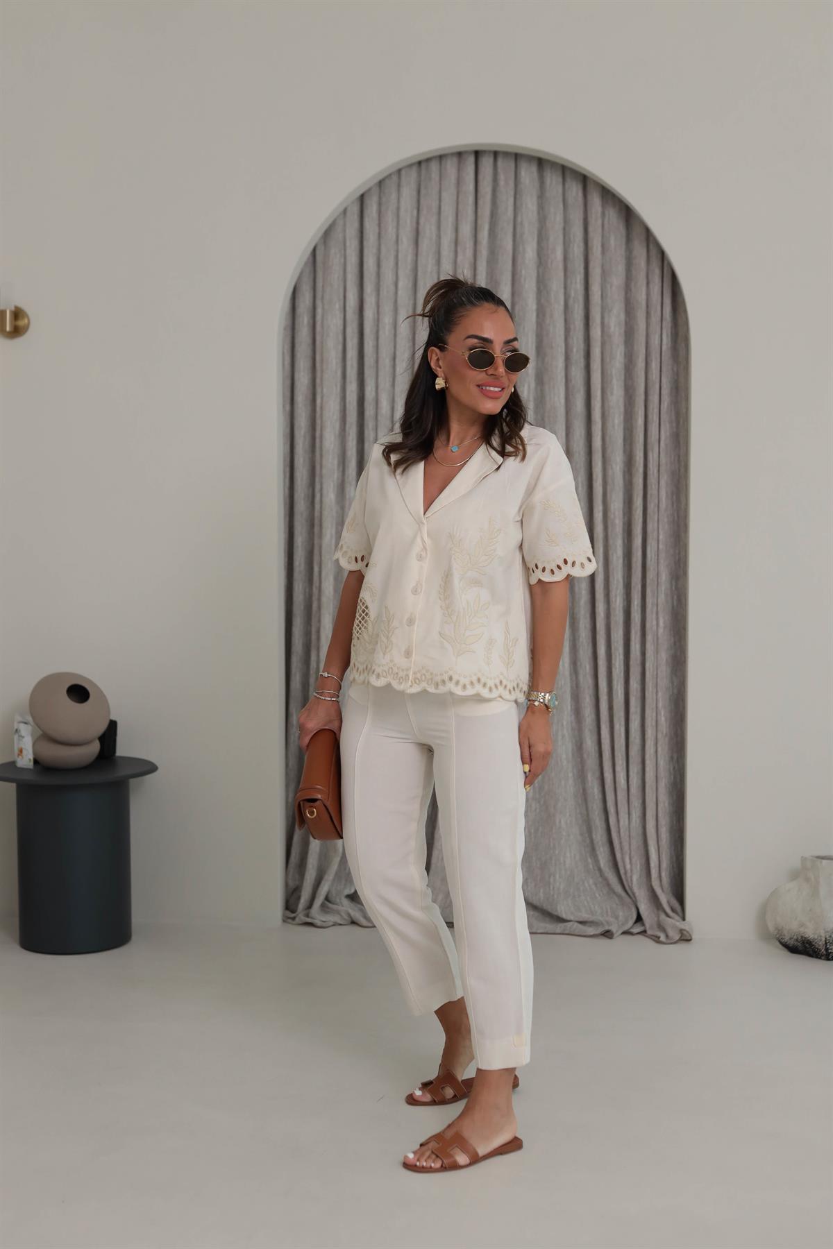 3875Y Balıksırtı Detay Yüksek Bel Pantolon NATURAL