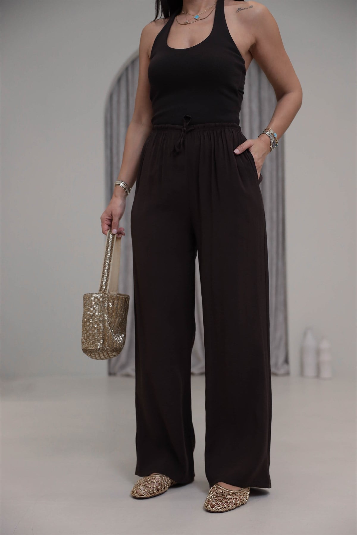 9819 Beli Bağcıklı Cupra Pantolon KAHVE