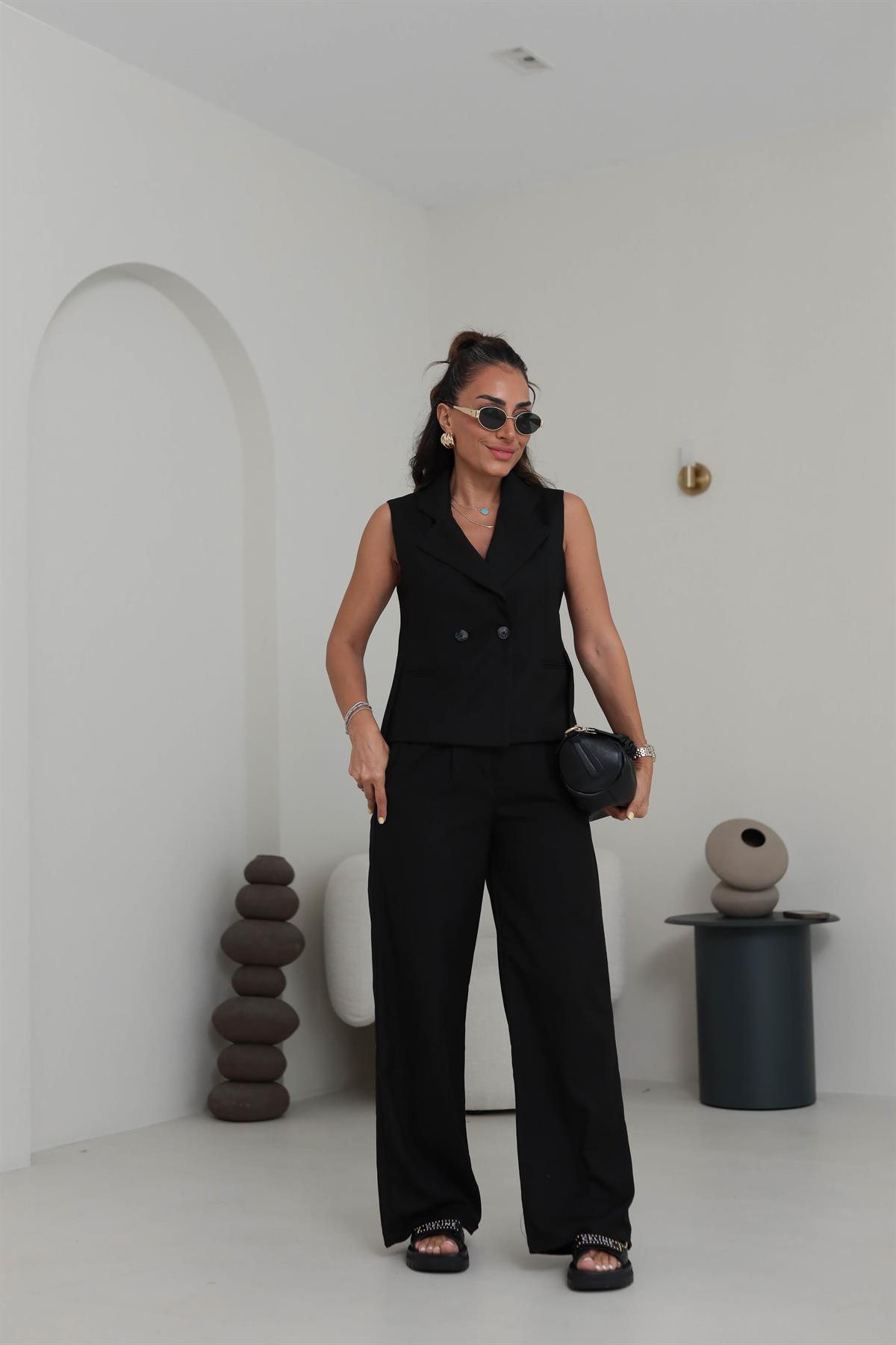 0429 Yelekli Palazzo Pantolonlu Takım SİYAH