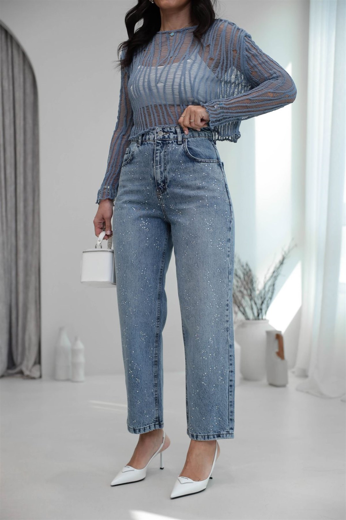 3010 Rahat Kesim Taşlı Mom Jean MAVİ