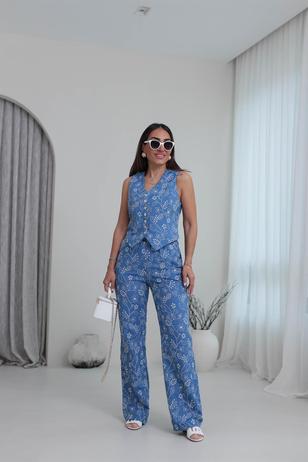 0245 İşleme Detaylı Yelek & Pantolon Takım Indigo