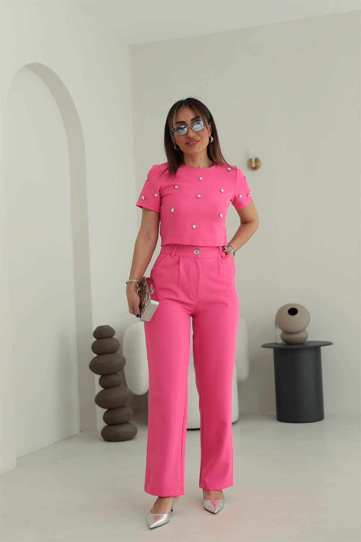 0092 Büyük Taş Detaylı Bol Pantolonlu Takım FUŞYA