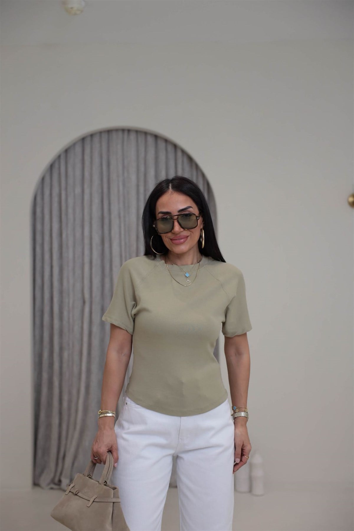 2322 Reglan Kol Yandan Fermuarlı Pamuklu Tshirt AÇIK HAKİ